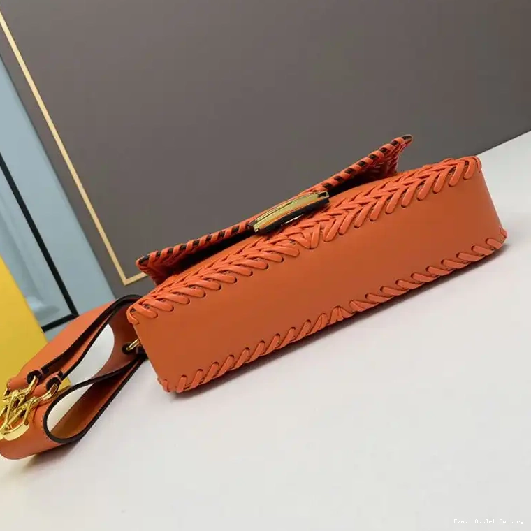 Affordable HOT Fendi Medium Stitching Baguette Bag In Leather Orange 0428